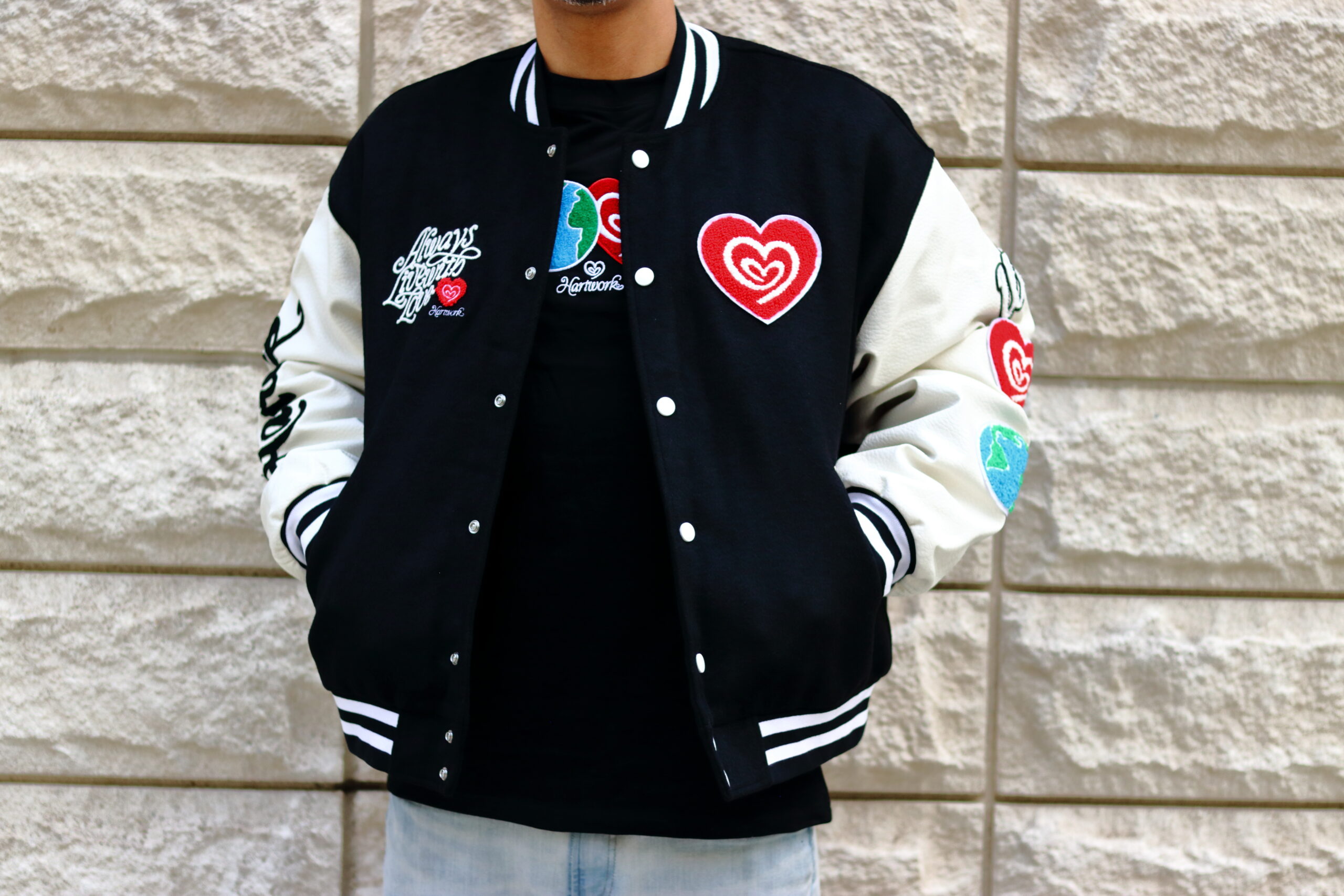 Model wearing the Hartwork Varsity LOVE Jacket